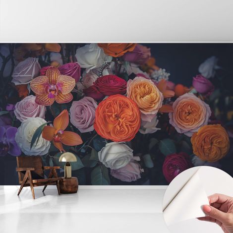 Selbstklebende Tapete - Wanddekoration Wohnzimmer - Tapete Schlafzimmer Farbenfroher Blumenstrauß 416x254 cm (1/5)