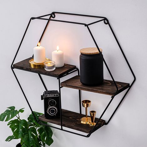 Etagère murale hexagonale 3 niches 60x15x60 cm en bois et métal noir