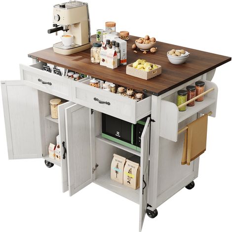Kücheninsel, Servierwagen mit ausziehbarer Arbeitsplatte, Küchenschrank,Küchentrolley,Kücheninselwagen,Speisewagen mit vier Türen und zwei Schubladen,Speisewagen mit Holzmaserung