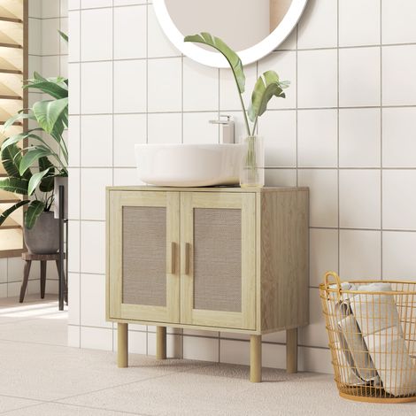Meuble Sous Lavabo Salle de Bain  Portes Rotin + Pieds Bois Pin (2 Niveaux)  60x30x60 cm  Chêne
