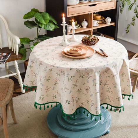 Nappe Ronde Lin Coton imprimé Fleuri, Nappe Table Ronde à Franges Lavable, Petite Nappe Ronde Anti Tache Décorer Utilisé de Table à Manger, Salon, Pique-Nique 150cm Round Tablecloth (Beige) (1/5)
