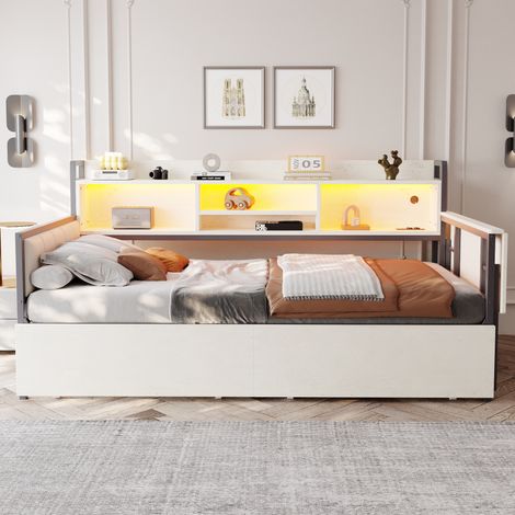 Lit simple blanc 90x200 cm avec coffre de rangement, tiroirs intégrés, prise USB, bureau escamotable, dossier capitonné et éclairage LED