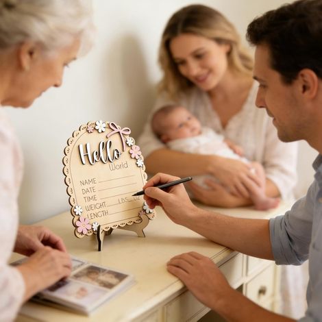 Tableau d'Annonce de Naissance Prénom en Bois avec Stylo Plaques étapes clés enfant pour Fille Garçon Chambre d'Enfant Anniversaire Fêtes de Fin d'Année Collègues (1/5)