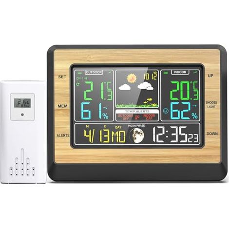 Station météo radio avec capteur extérieur, thermomètre numérique intérieur extérieur, horloge radio-pilotée DCF, hygromètre, grand écran couleur, station météo radio-pilotée avec réveil, prévisions (1/5)