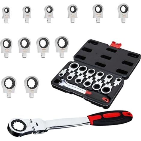 Lot de clés à cliquet interchangeables 12 en 1 métriques et SAE 8-19 mm à tête flexible pour auto, outils de mécanicien pour homme (1/5)