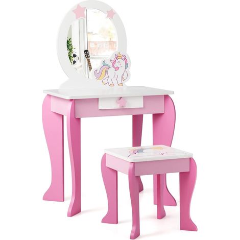 COSTWAY Toeletta per Bambini in Legno - Sgabello Specchio e Cassetti, disegni di unicorno e stelle, 89x49,5x35,5cm, Rosa (1/5)