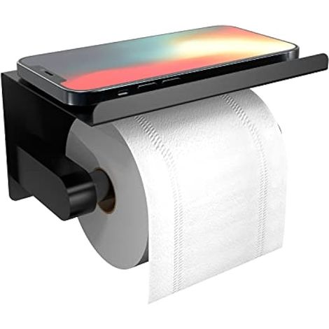 Porte-rouleau de papier toilette adhésif avec étagère pour téléphone, mural, antirouille, noir mat (1/5)