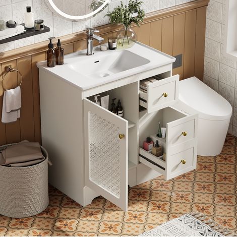 Mueble lavabo 80 cm con taburete integrado, lavabo de cerámica, cajones e iluminación LED, en MDF, blanco (1/5)