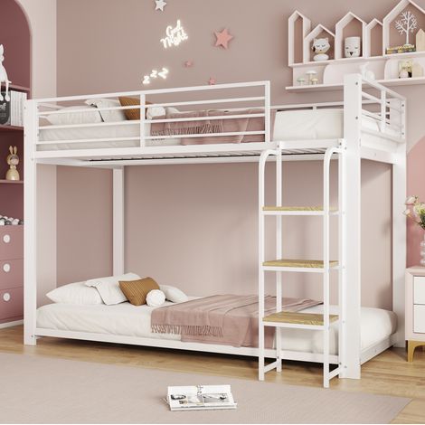 Etagenbett 90x200 cm Weiß und Walnuss aus MDF und Metall mit Leiter und Rundumschutz (1/5)