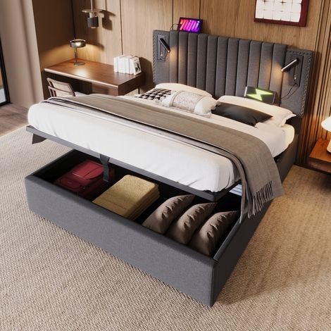Polsterbett 160x200 mit Bettkasten und Lattenrost, Doppelbett mit USB-Ladefunktion und Leselampe, Stauraumbett aus Baumwolle, Grau (1/5)