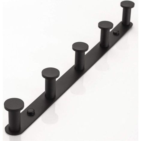 Schwarze, wandmontierte Garderobe, 36,5 cm, mit 5 Edelstahlhaken. (1/5)