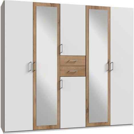 Armoire Placard, meuble de rangement avec 2 miroirs coloris Blanc, rechampis imitation chêne poutre - Longueur 225 x Hauteur 208 x Profondeur 58 cm (1/3)