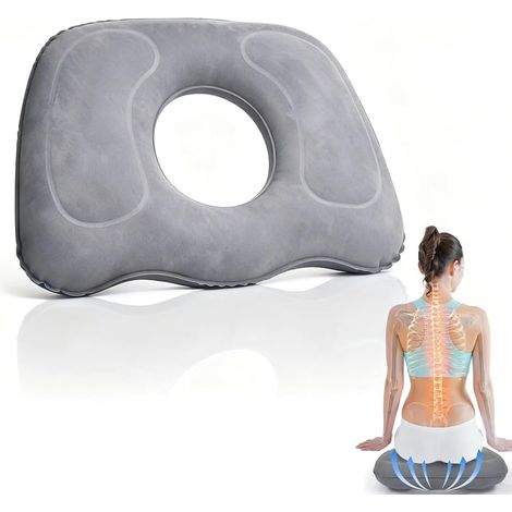 Coussin Coccyx Gonflable, Coussin de Siège Ergonomique Ajustable et Portable en PVC Floqué pour Soulagement de la Douleur, Bureau, Voiture, Voyage et Confort Quotidien (Gris Clair) (1/5)