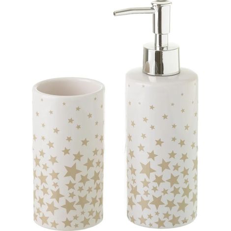 Set Accessori Bagno 2Pz Ceramica Dispenser Sapone Porta bicchieri Stelle Beige (1/3)