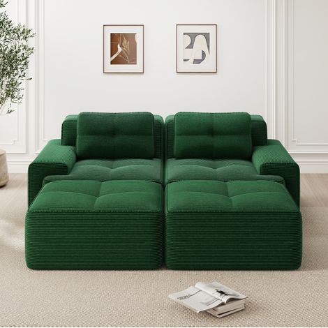 Modulares U-Sofa 2-Sitzer aus grünem Cord, ohne Montage, HAVRYA (1/5)