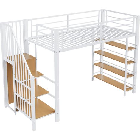 Lit mezzanine 90x200 avec escalier et armoire, cadre en métal blanc, lit simple pour ado avec étagères de rangement. (1/5)