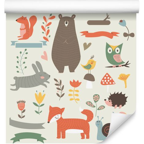 Papel pintado de animales del bosque felices para salón y dormitorio, 50x1000 cm (1/5)