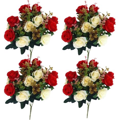 Fleurs de cimetière pour tombe 4 bouquets de fausses roses 11 8'' fleurs artificielles pour tombes 12 têtes de fleurs fleurs commémoratives en soie pour vase funéraire décoration de cimetière rou (1/5)