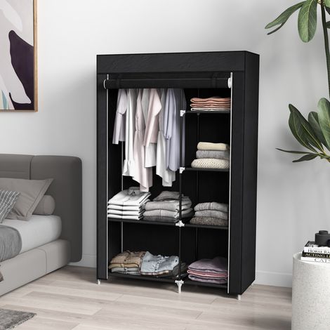 Armoire Penderie Multi-Rangements  6 Étagères + 1 Barre  Tissu Non Tissé Noir