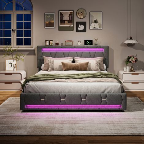 JOOKGBD-Letto matrimoniale 140x200 cm,Letto imbottito con 4 cassetti,testiera imbottita regolabile in altezza,illuminazione LED,rete a doghe inclusa,per adulti e adolescenti,Lino,Grigio