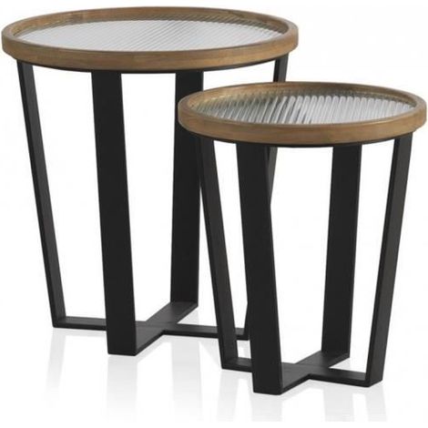 Set 2 tables d’appoint ronde en verre et fer coloris noir - Ø 50 x Hauteur 52 cm (1/4)