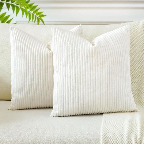 Housses de Coussins en Velours Côtelé Décoratif Canapé Taie d'oreiller Doux Decoration 45x45cm,Lot de 2 (Beige Blanc) (1/4)
