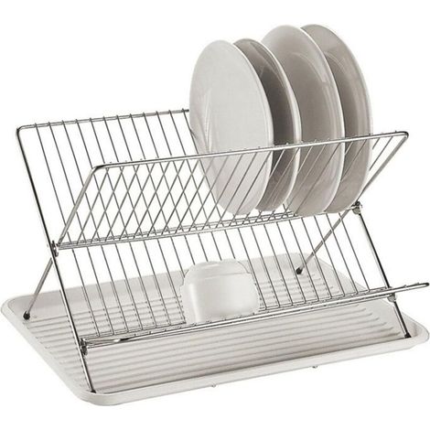 Égouttoir à vaisselle pliable double couche avec bac de récupération, égouttoir en acier inoxydable pour casseroles poêles assiettes tasses couverts, design X gain de place (1/4)