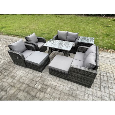 Fimous 8-Sitzer Polyrattan Garten Esstisch Set Gartenmöbel Sofa mit Rechteckiger Esstisch Beistelltisch 2 hohen Hockern Dunkelgrau Gemischt (1/5)