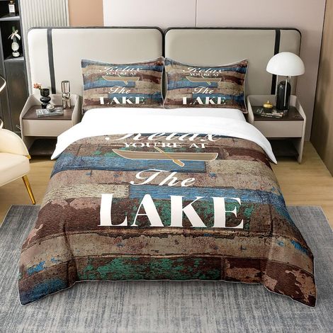 Lac Maisons Literie Set Bois Antique 100% Coton Housse de Couette 200x200cm pour la Lac Vie Parure de Lit Retro Ferme Ensemble de lit Chambre Ensemble de Literie - 200 x 200 cm + 2 taies d'oreiller 65 (1/5)