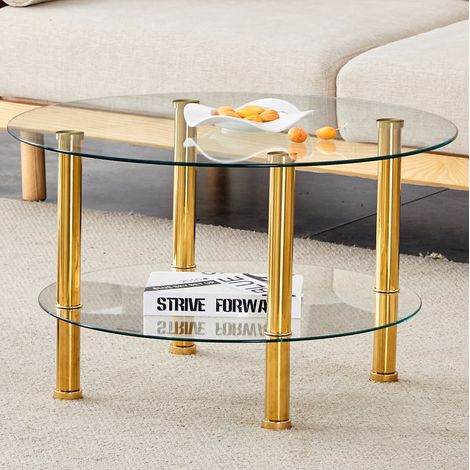 Table basse ronde 70x70x42 cm or transparent et doré – double plateau en verre trempé MEUBLIV (1/5)