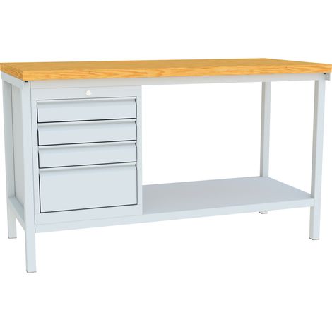 Pavoy Werkbank, 1500x700x900 mm, 1 Schubladenblock, 1 Boden, RAL 7035 (1/4)
