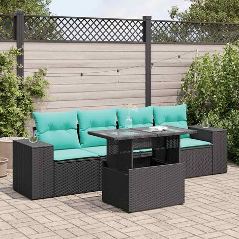 5tlg. Garten-Sofagarnitur mit Kissen Schwarz Poly Rattan Akazie (1/5)
