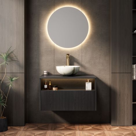 Mobile bagno sospeso da 80 cm con lavabo in ceramica bianca effetto pietra, mobiletto in compensato a righe con cassetto e ripiano, luce con sensore, preassemblato, colore nero.