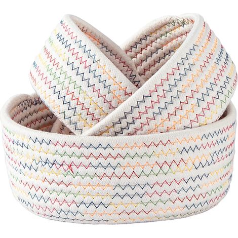 Lot de 3 petits paniers de rangement en corde de coton tissés blancs pour bureau, décoration ronde, paniers en corde de coton, plateaux pour entrée, bijoux, jouets, clés