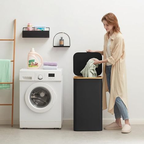 Laundry Basket with Lid, Large Foldable Bamboo Inner Bag, for Bedroom, Bathroom, Room, Black (1/4)