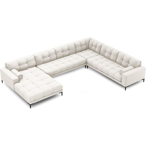 Canapé d'angle panoramique 7 places tissu structurel beige clair (1/5)