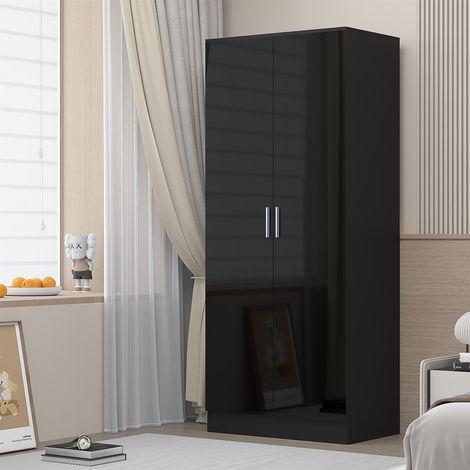 Reflect 2 Door Plain Wardrobe - Black Gloss & Black Oak - Hanging Rails & Shelves - Modern Sleek Design