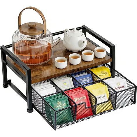 Organisateur de sachets de thé en bois, porte-sachets de thé avec tiroir, boîte de rangement à 8 compartiments, organisateur de boîtes à thé pour plan de travail de cuisine, bois et métal (1/5)