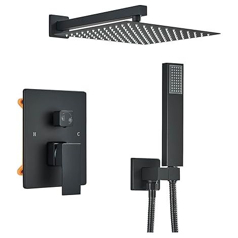 Ensemble de douche noir encastré, pommeau de douche colonne 30 x 30 cm, douchette à main, corps en laiton (1/5)