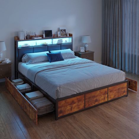 Lit double 160x200 cm avec 4 tiroirs et LED, lit adulte avec cadre en métal, style industriel, Noir (1/5)
