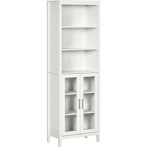 Colonne blanche 53x30x162 cm avec 2 portes vitrées et 3 étagères, meuble de rangement moderne pour salle de bain et salon design