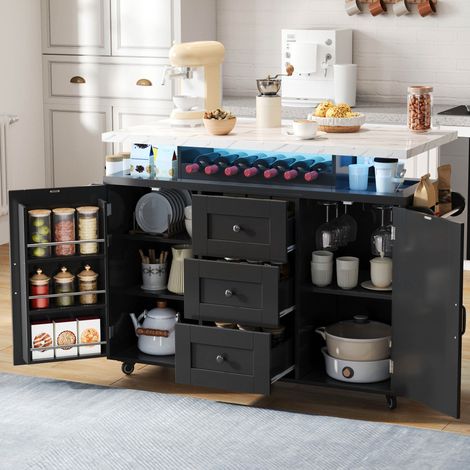 Îlot de cuisine 138x60x93 cm noir en MDF avec LED, plateau rabattable et grand rangement (1/5)