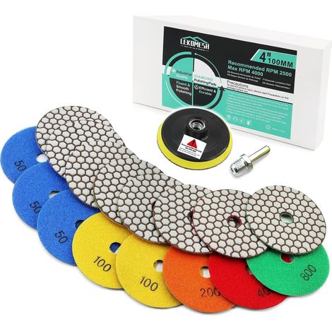 Diamond Polishing Discs - 8pcs 100mm (50 x 3/100 x 2/200/400/800) + M14 Backing Pad + Adapter, Dry Polishing Pad for Granite Marble Artificial Stone Quartz (1/5)