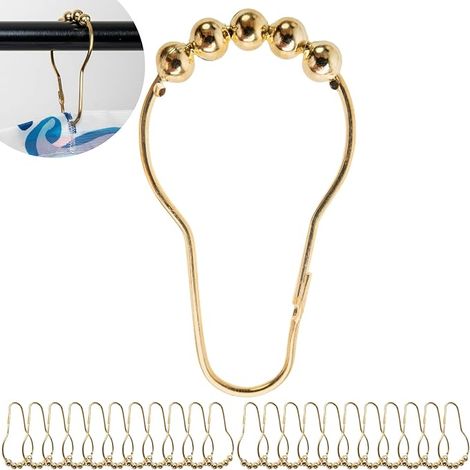 Duschvorhangringe, 24 Stück, goldfarben, Größe 74 x 36 mm, Duschvorhangstangenhaken, robuste Metallbefestigungen für Badezimmer, Duschvorhang-Schnallenset (1/5)