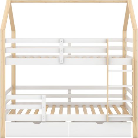 Letto a casetta a castello 90 x 200 cm in pino bianco e legno, con cassetti, senza materasso (1/5)