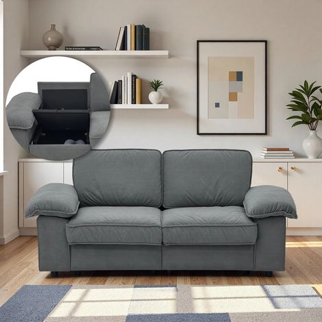 Canapé droit 2 places avec rangement intégré, tissu polyester, rembourrage en mousse, structure bois et MDF, gris (1/5)