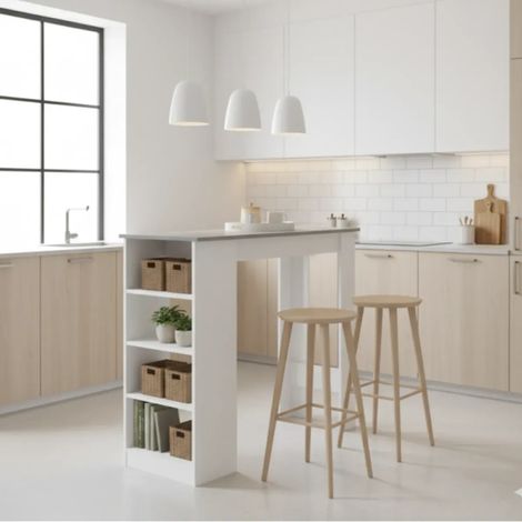 Tavolo snack alto Kivo bianco e cemento con 3 ripiani laterali 112x49.6x103.5H (1/4)