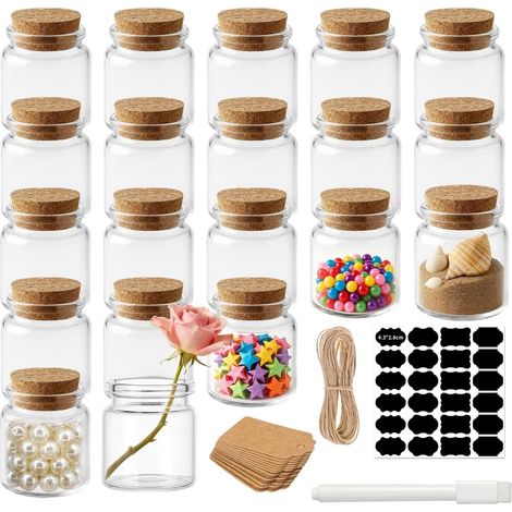 20 Pièces Mini Bouteille Verre avec Bouchon 50ml,Transparent Mini Bocaux en Verre,Fiole en Verre Pot pour Mariage, Fête, Dragées, Bapteme, Épices (1/5)