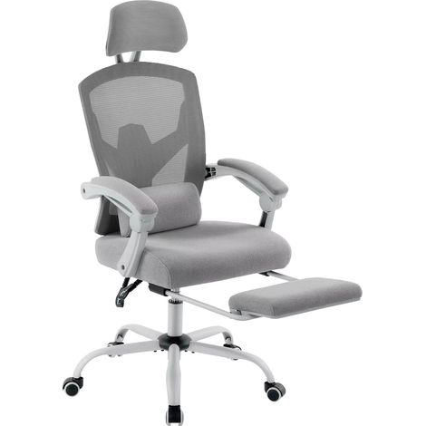 Ergonomique inclinable à dossier haut maille salon chaise de jeu à bascule bureau d'ordinateur pivotant roulant soutien lombaire oreiller-Gris (1/5)
