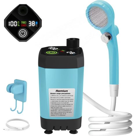 (Bleu 6000 mAh) Pompe de douche de camping, kit de douche extérieure pour camping-car, douche de camping avec affichage numérique intelligent et réglable (1/4)